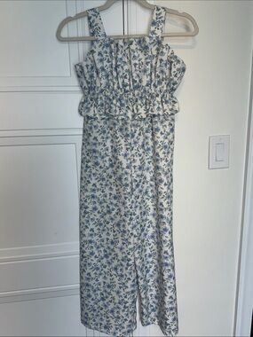 Cynthia Rowley Kids Cream Jumpsuit with Blue Floral Print